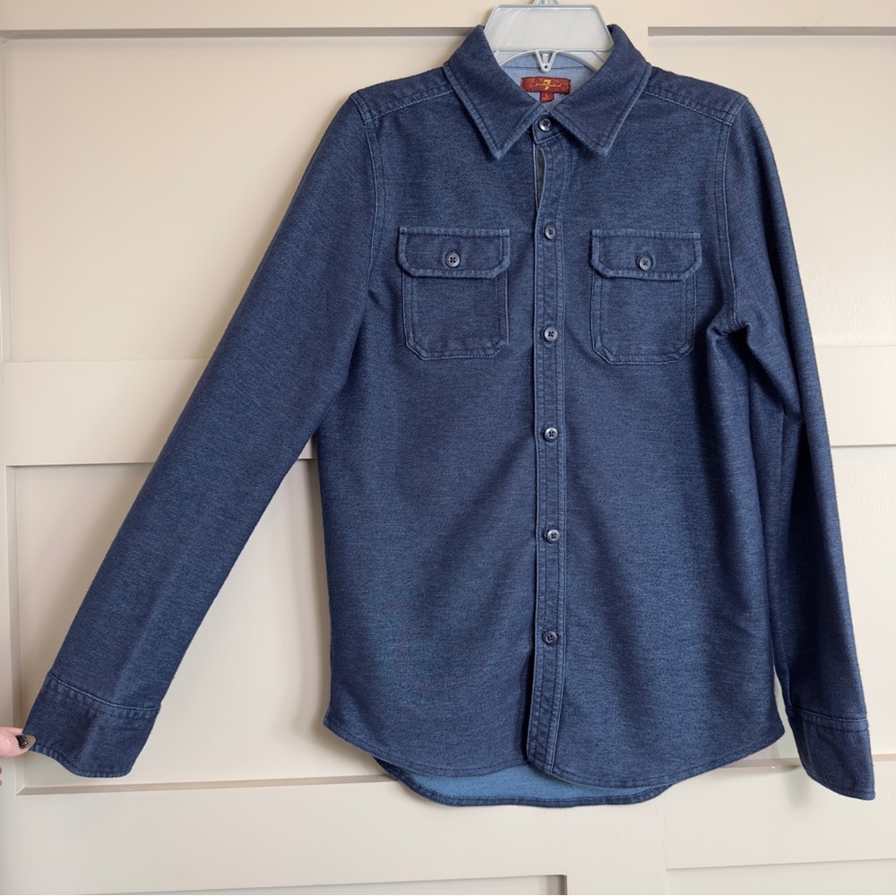 7 For All Mankind Shirt Blue Button Front Pockets Denim Pattern Youth Boys Large